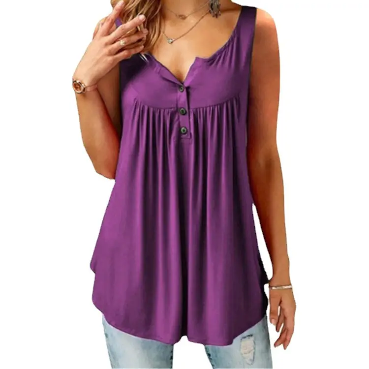 Black Pleated Sleeveless Women's T-Shirt Long Button Vest - Image 13