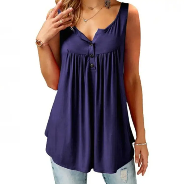 Black Pleated Sleeveless Women's T-Shirt Long Button Vest — feature 10