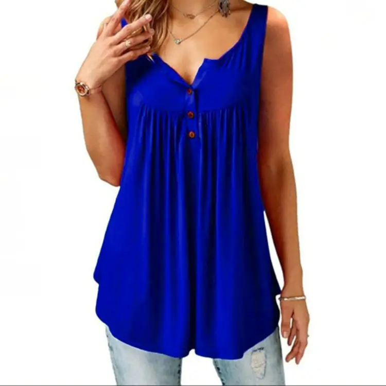 Black Pleated Sleeveless Women's T-Shirt Long Button Vest — feature 5