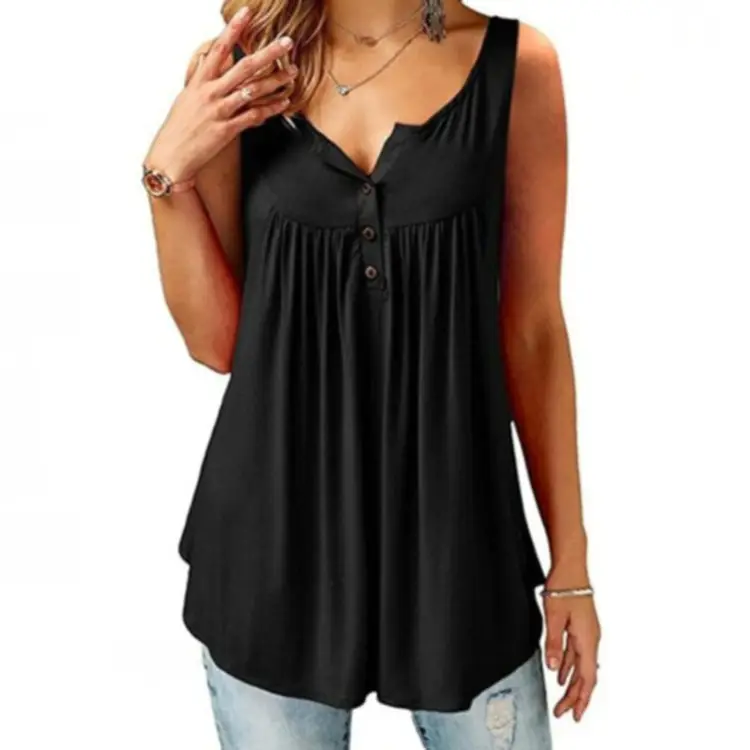 Black Pleated Sleeveless Women's T-Shirt Long Button Vest — feature 8