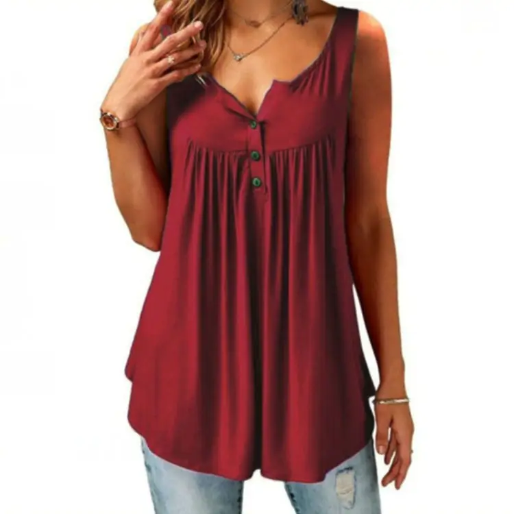 Black Pleated Sleeveless Women's T-Shirt Long Button Vest — feature 9
