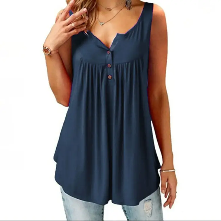 Black Pleated Sleeveless Women's T-Shirt Long Button Vest - Image 10