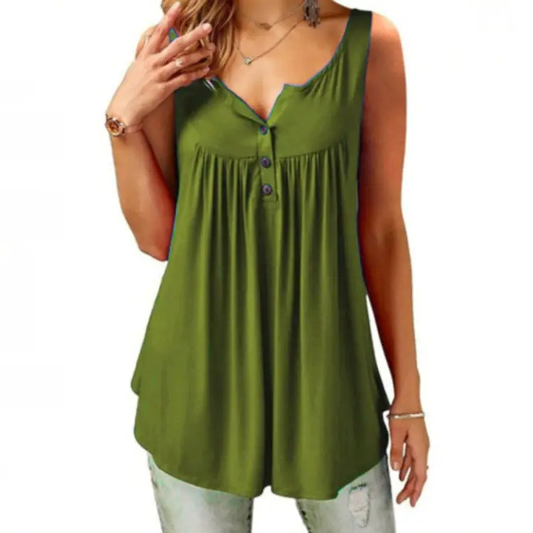 Black Pleated Sleeveless Women's T-Shirt Long Button Vest - Image 11
