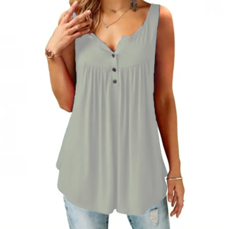 Black Pleated Sleeveless Women's T-Shirt Long Button Vest - Image 2