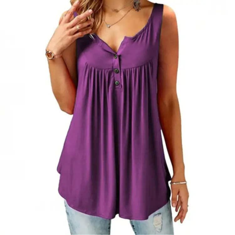 Black Pleated Sleeveless Women's T-Shirt Long Button Vest - Image 3