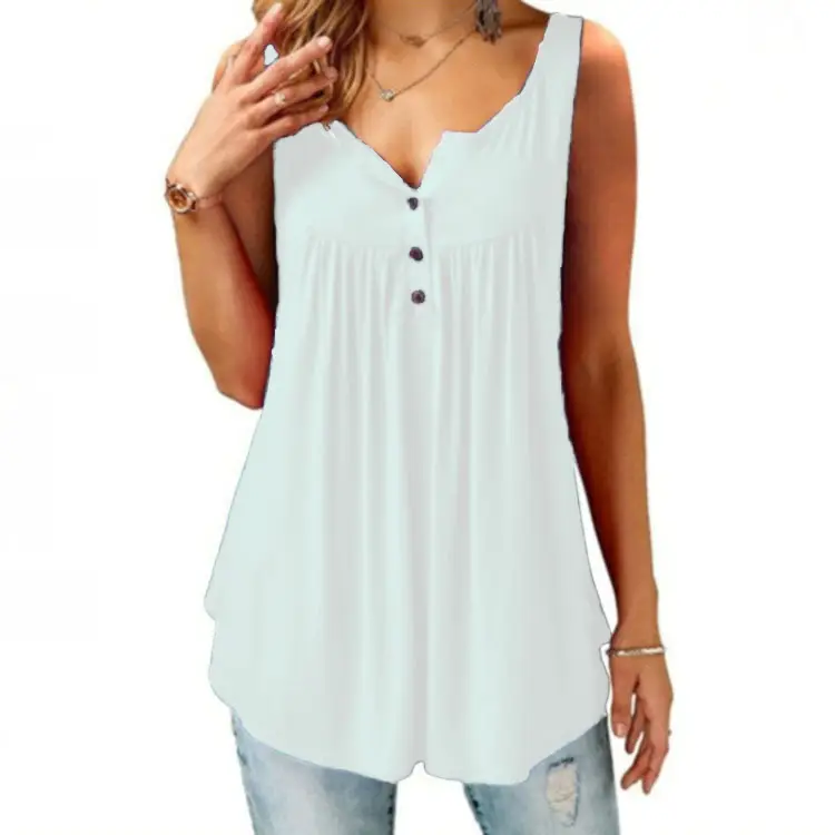 Black Pleated Sleeveless Women's T-Shirt Long Button Vest - Image 4