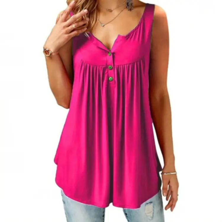 Black Pleated Sleeveless Women's T-Shirt Long Button Vest - Image 7