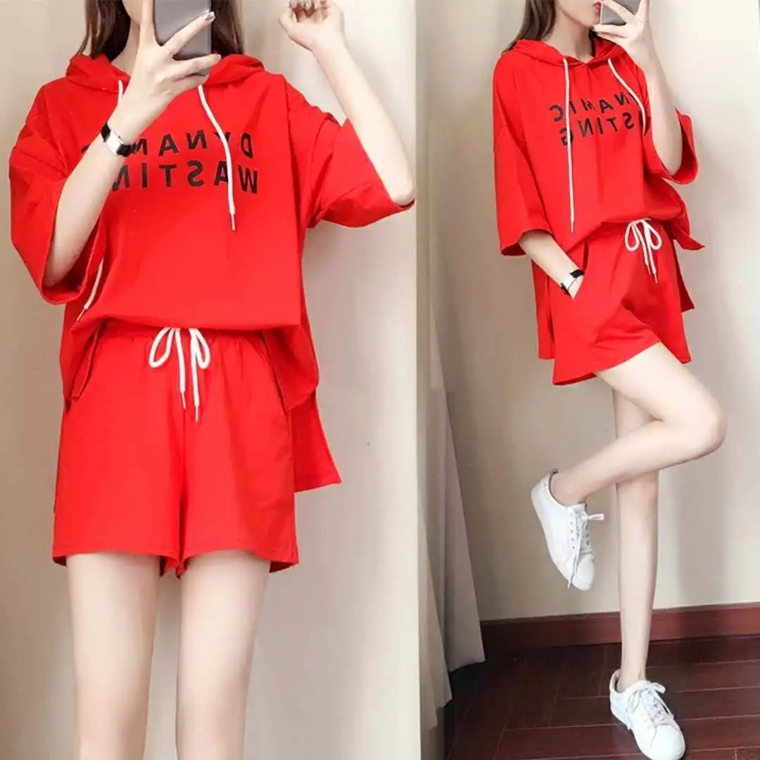 Women Red Korean Style Shorts Set Large