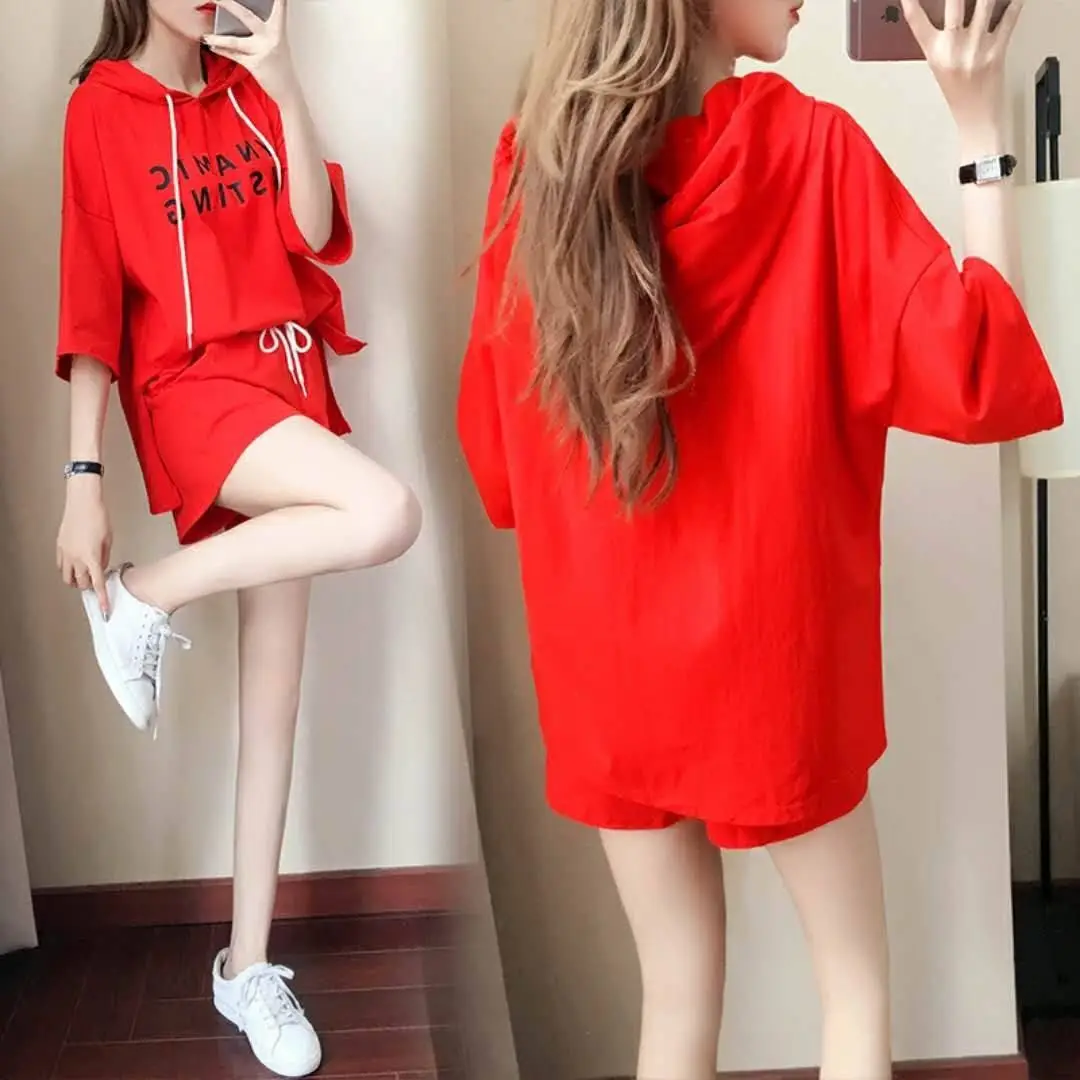 Women Red Korean Style Shorts Set Large