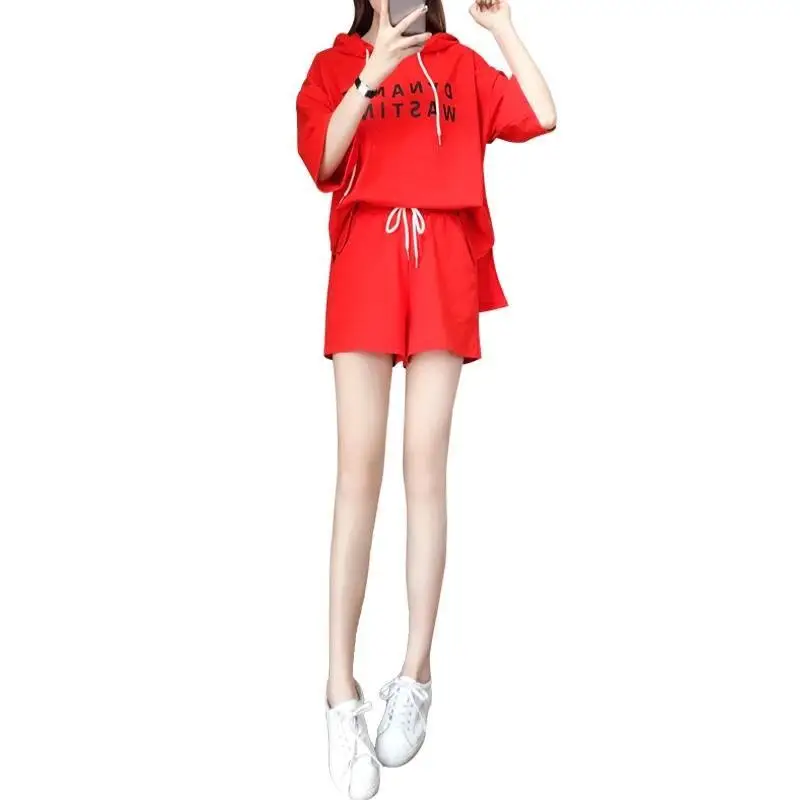 Women Red Korean Style Shorts Set Large