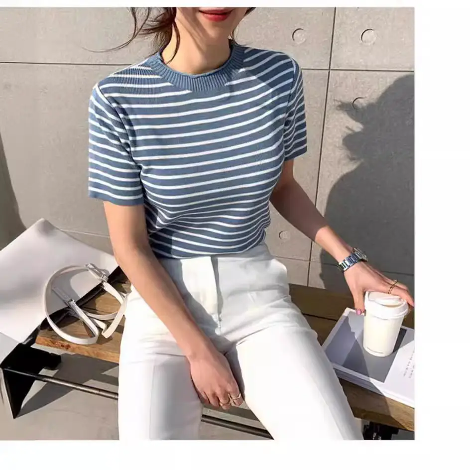 2024 Summer Striped Knitted T-Shirt Set - Image 3