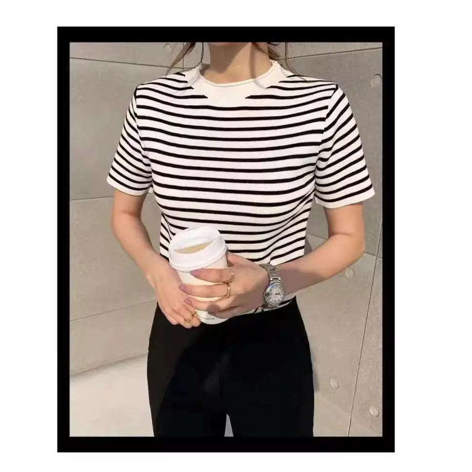 2024 Summer Striped Knitted T-Shirt Set - Image 4