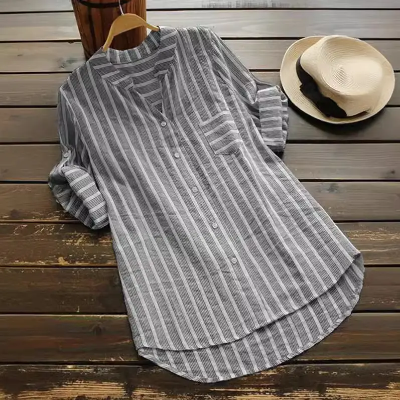 Women Striped V-Neck Shirt Spring Casual Medium - Image 6