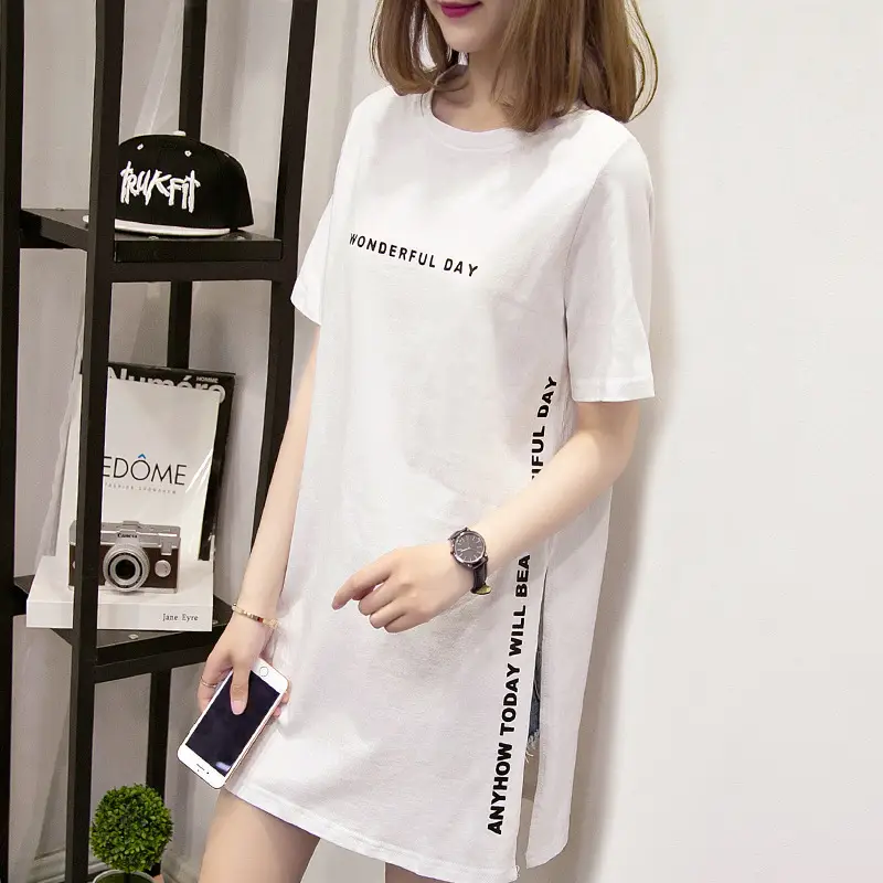 Women White 2025 Summer T-Shirt Mid-Length Loose Fit