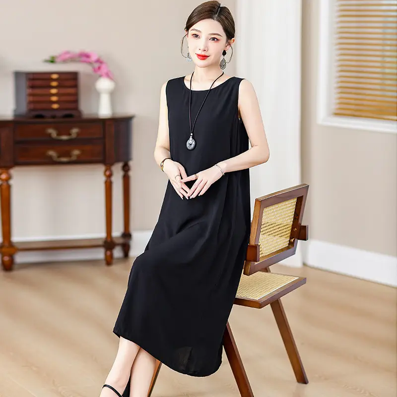 Middle-Aged Women Cotton Silk Long Sleeve Dress Orange Black Floral 40-50Yrs - Image 22
