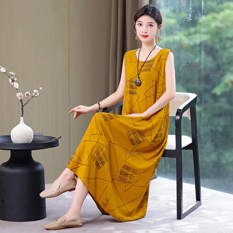 Middle-Aged Women Cotton Silk Long Sleeve Dress Orange Black Floral 40-50Yrs - Image 10