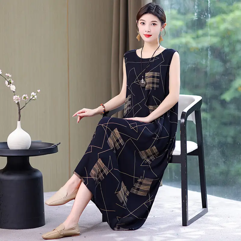 Middle-Aged Women Cotton Silk Long Sleeve Dress Orange Black Floral 40-50Yrs - Image 12