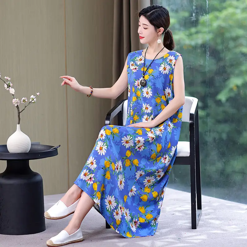 Middle-Aged Women Cotton Silk Long Sleeve Dress Orange Black Floral 40-50Yrs - Image 13