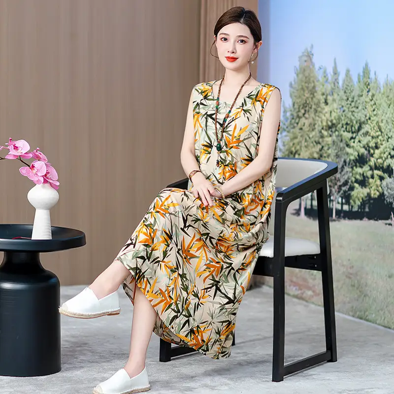Middle-Aged Women Cotton Silk Long Sleeve Dress Orange Black Floral 40-50Yrs - Image 14