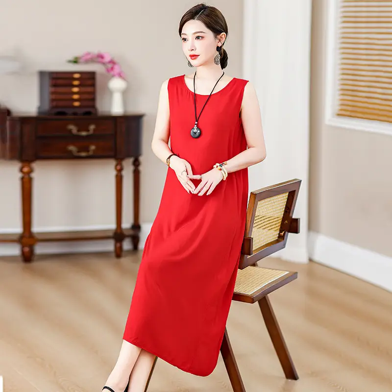 Middle-Aged Women Cotton Silk Long Sleeve Dress Orange Black Floral 40-50Yrs - Image 18
