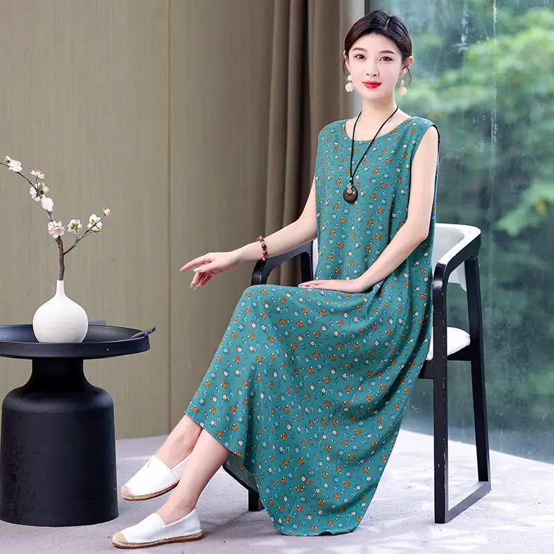 Middle-Aged Women Cotton Silk Long Sleeve Dress Orange Black Floral 40-50Yrs - Image 2