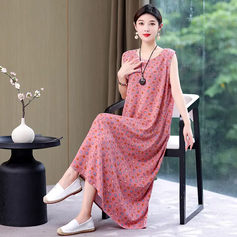 Middle-Aged Women Cotton Silk Long Sleeve Dress Orange Black Floral 40-50Yrs - Image 3