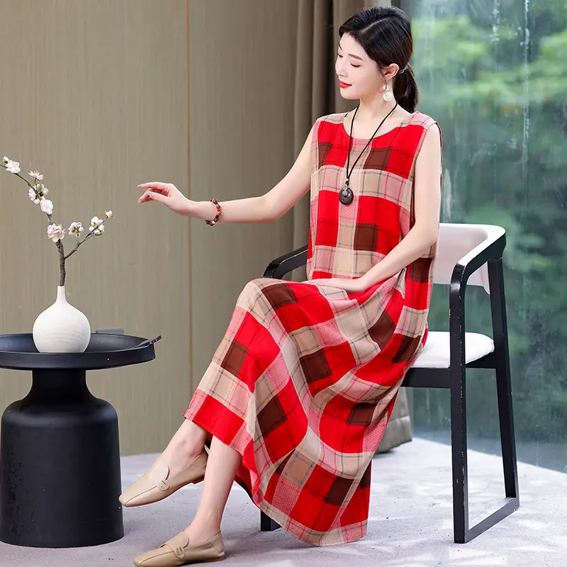 Middle-Aged Women Cotton Silk Long Sleeve Dress Orange Black Floral 40-50Yrs - Image 4