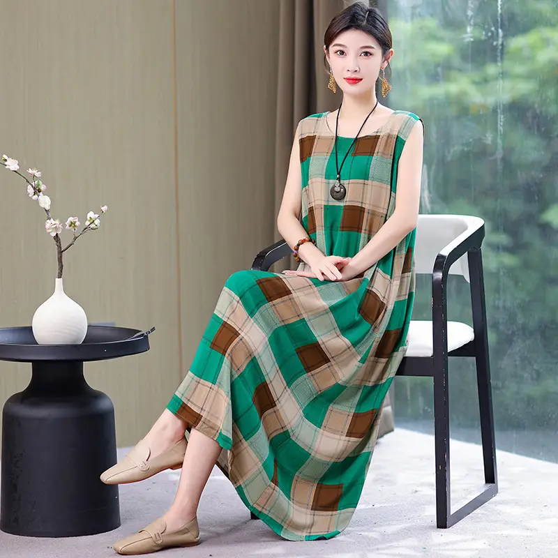 Middle-Aged Women Cotton Silk Long Sleeve Dress Orange Black Floral 40-50Yrs - Image 5