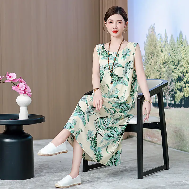 Middle-Aged Women Cotton Silk Long Sleeve Dress Orange Black Floral 40-50Yrs - Image 6