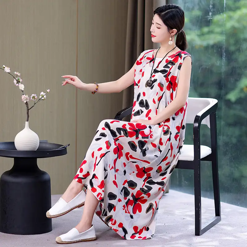 Middle-Aged Women Cotton Silk Long Sleeve Dress Orange Black Floral 40-50Yrs - Image 7
