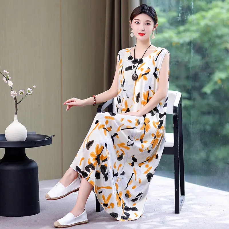 Middle-Aged Women Cotton Silk Long Sleeve Dress Orange Black Floral 40-50Yrs - Image 8