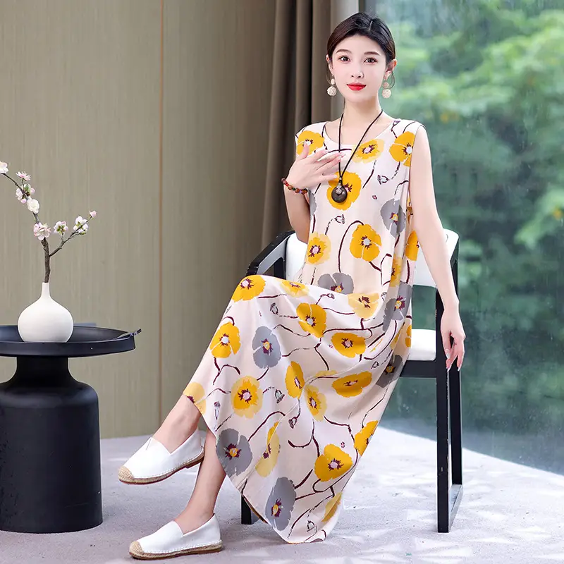 Middle-Aged Women Cotton Silk Long Sleeve Dress Orange Black Floral 40-50Yrs - Image 9