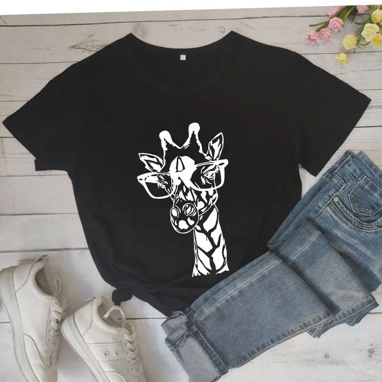 Giraffe Crown Floral Print Grey T-Shirt