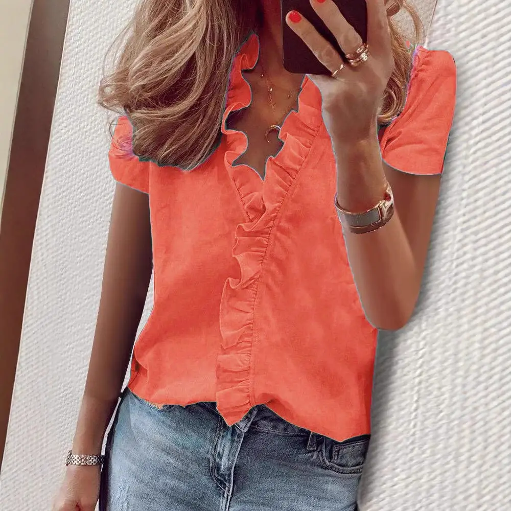 Women Ruffled White Summer Shirt Short Sleeve Pure Cotton