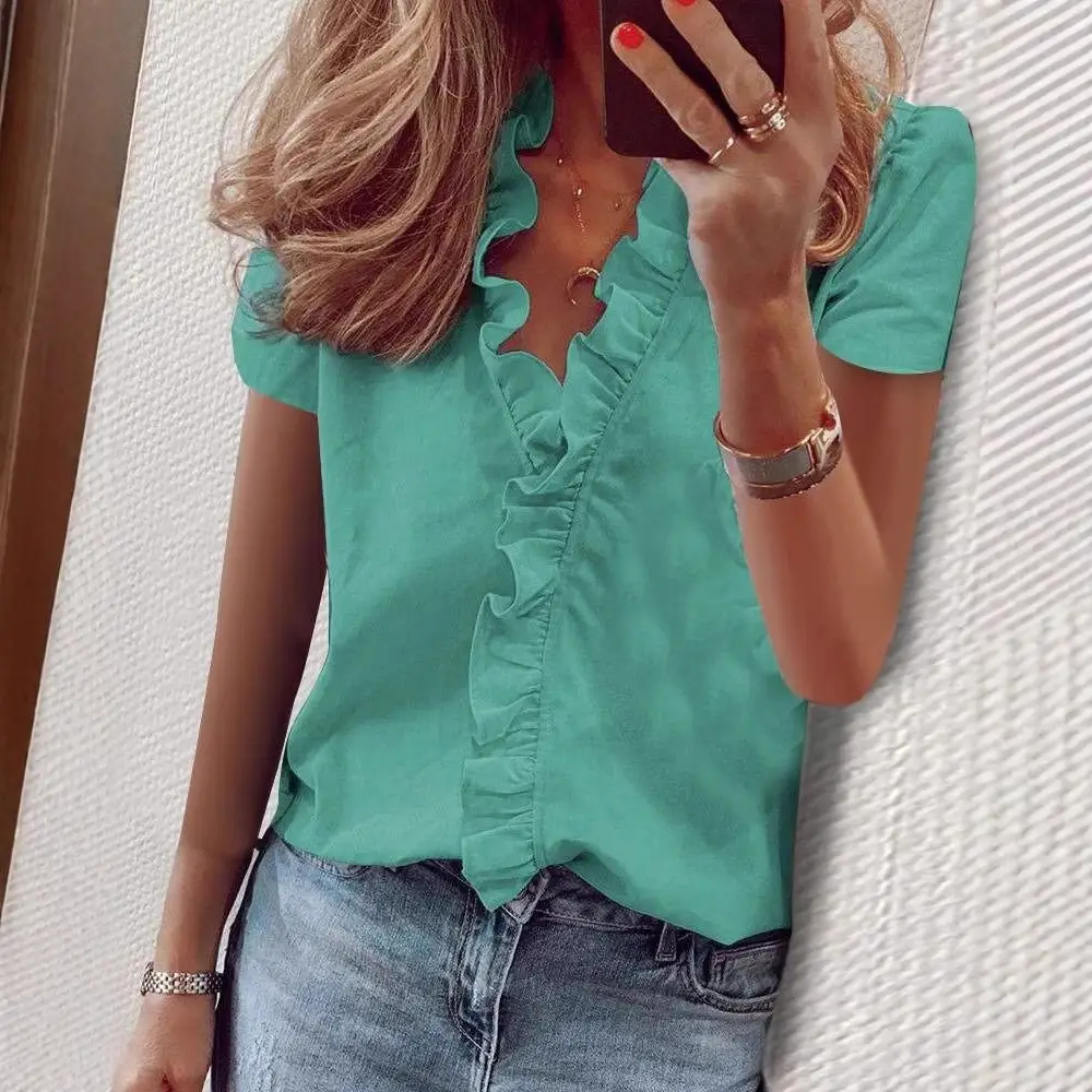 Women Ruffled White Summer Shirt Short Sleeve Pure Cotton