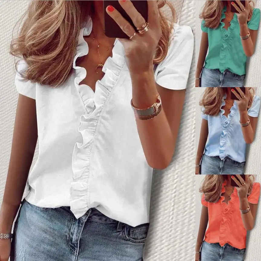 Women Ruffled White Summer Shirt Short Sleeve Pure Cotton — feature 35