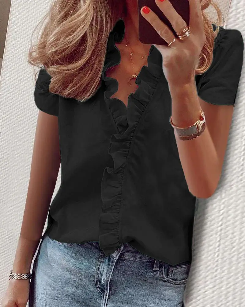 Women Ruffled White Summer Shirt Short Sleeve Pure Cotton