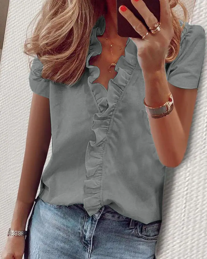 Women Ruffled White Summer Shirt Short Sleeve Pure Cotton