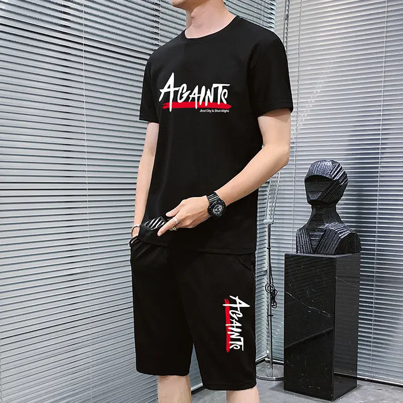2025 Red Black AGAINTO Men's T-Shirt Shorts Set - Image 7
