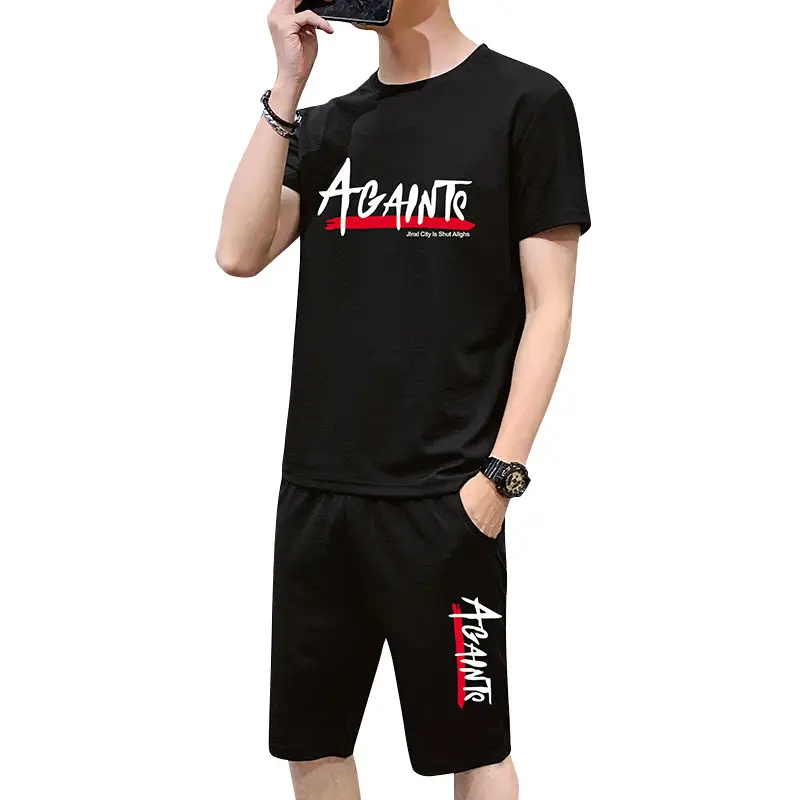 2025 Red Black AGAINTO Men's T-Shirt Shorts Set - Image 9