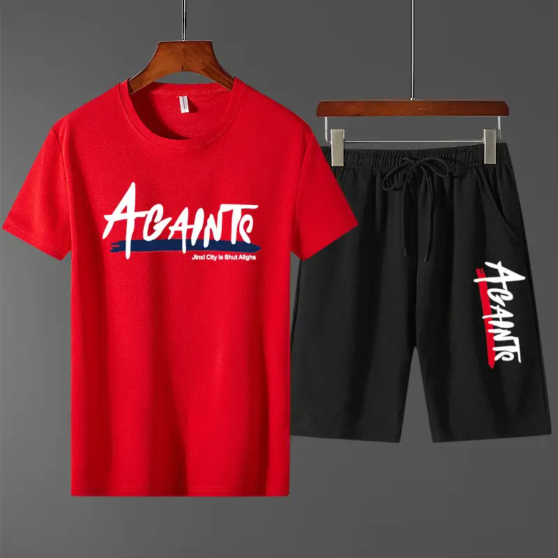 2025 Red Black AGAINTO Men's T-Shirt Shorts Set - Image 3