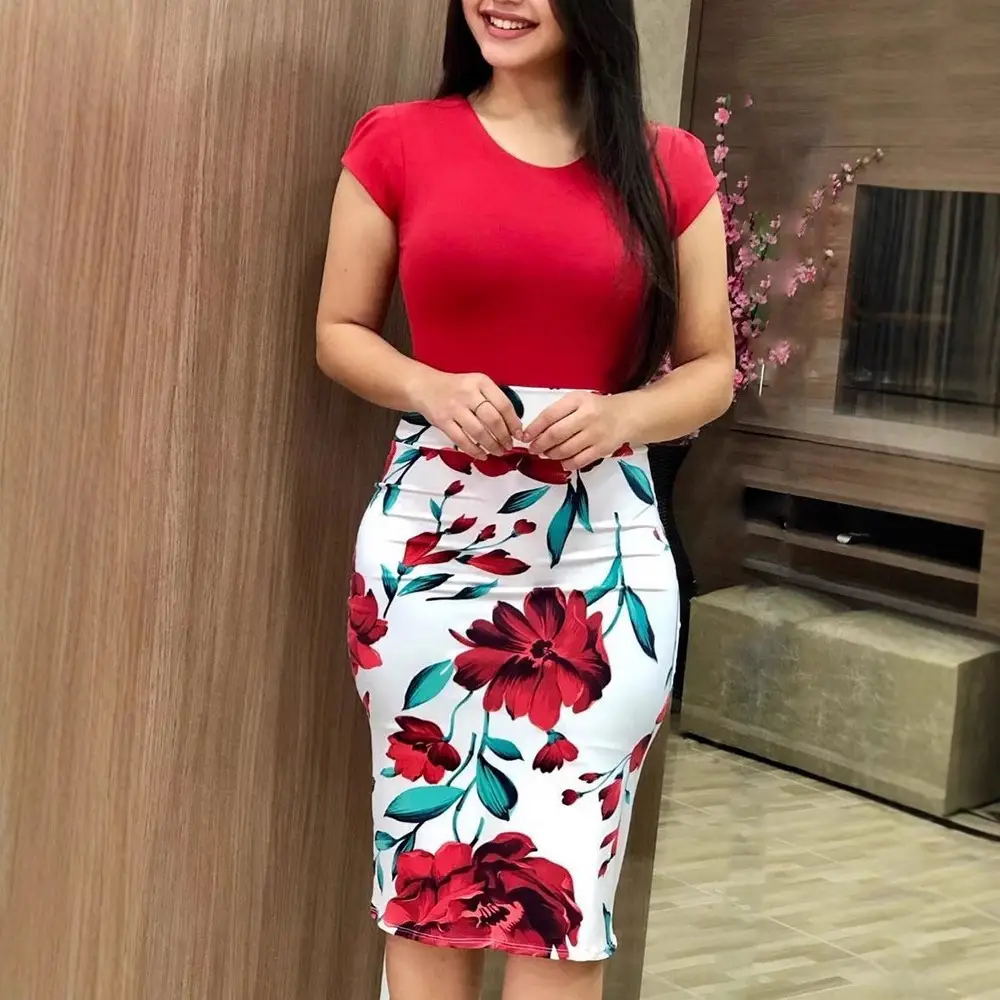 2026 Floral Bodycon Dress Plus Size Women Red White - Image 6