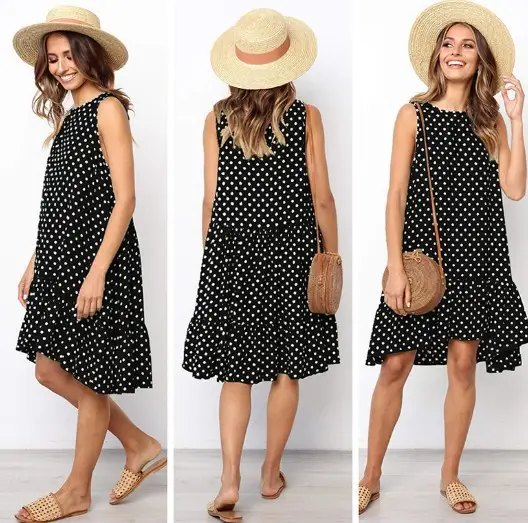 Women's Printed Wave Point Ruffled Dress Black 8"