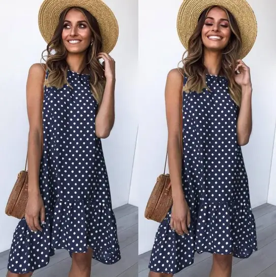 Women's Printed Wave Point Ruffled Dress Black 8"