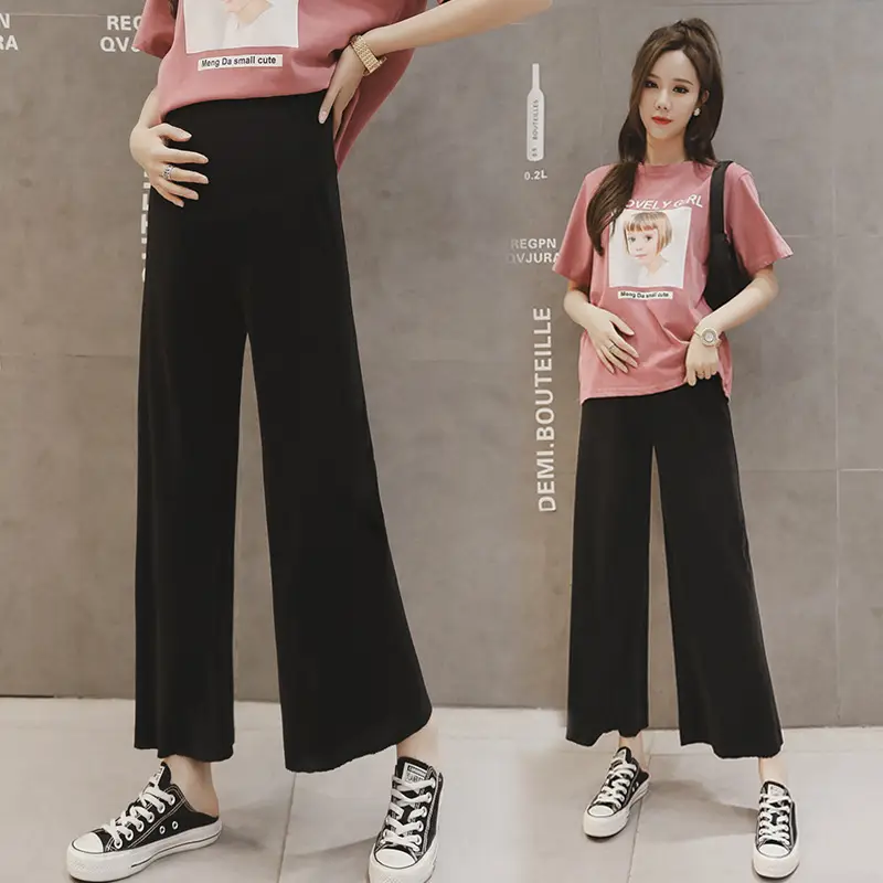 Women Wide Leg Pants Black Ice Silk Summer Maternity Wear