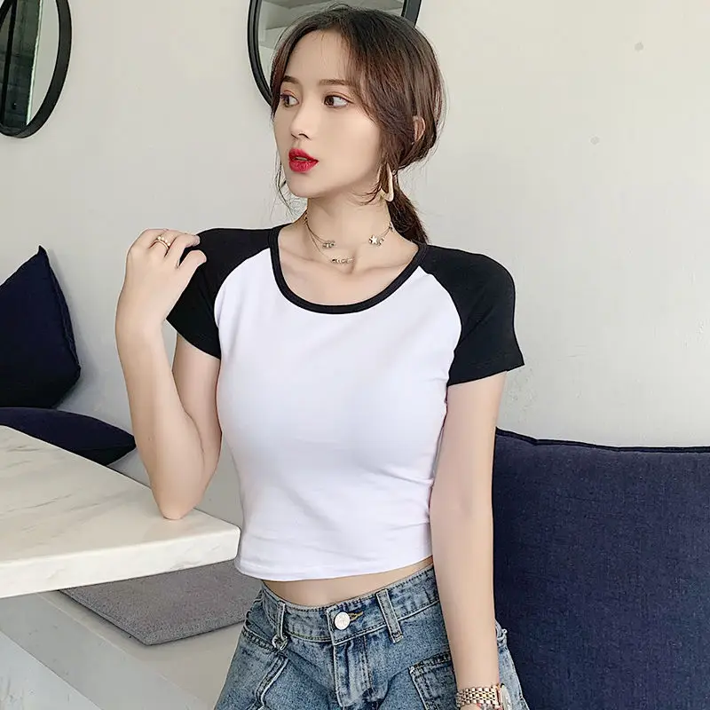 Pure Cotton Color-Blocked T-Shirt Women Black White