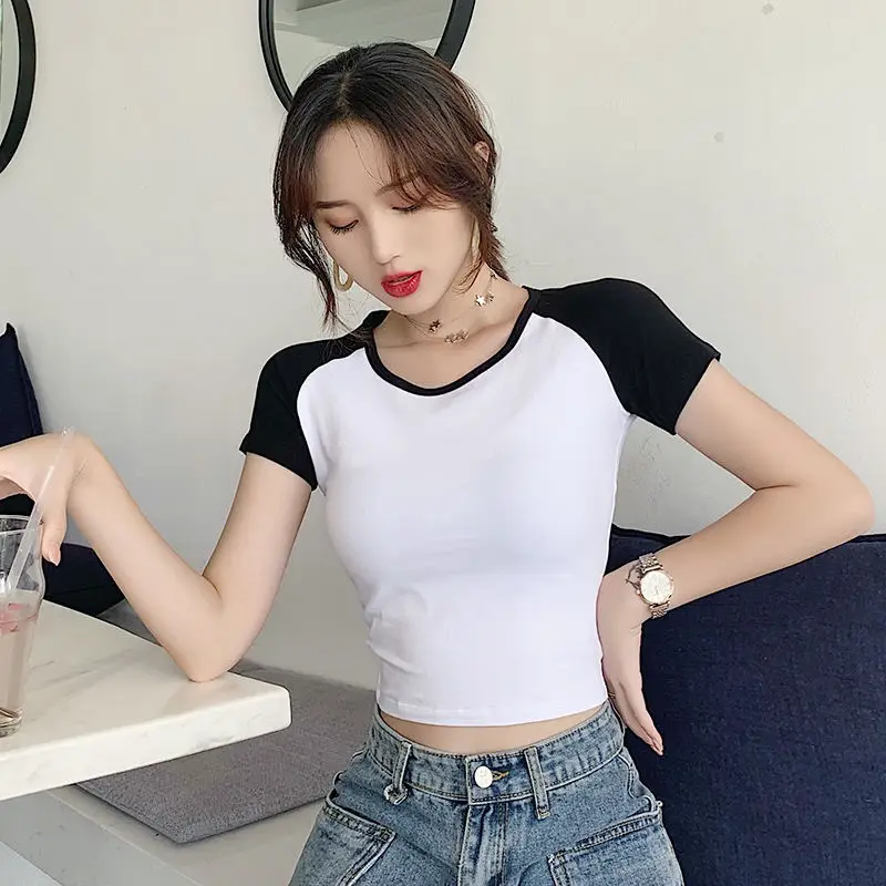 Pure Cotton Color-Blocked T-Shirt Women Black White