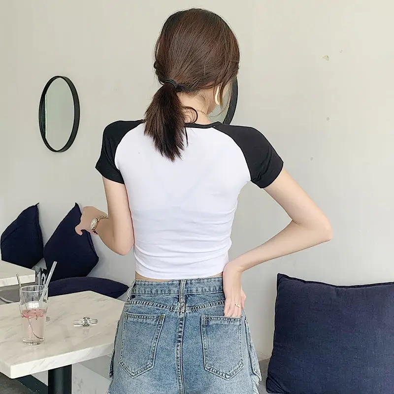 Pure Cotton Color-Blocked T-Shirt Women Black White