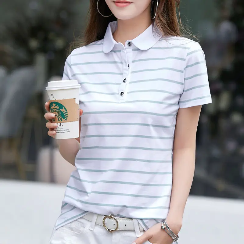 Women Striped Polo T-Shirt 2022 Summer Slim Fit - Image 2