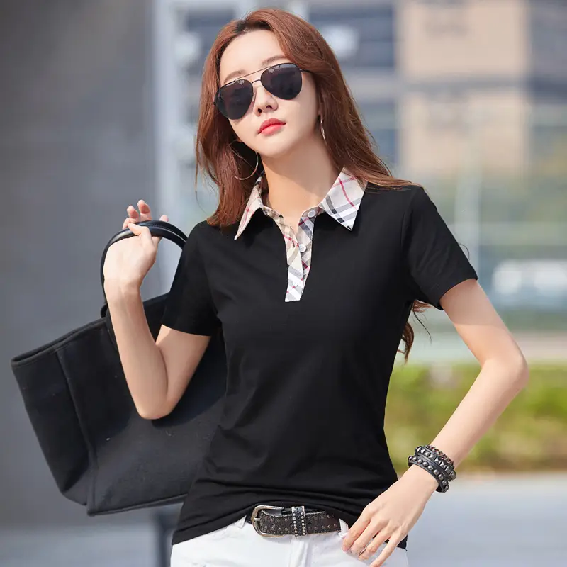 Women Korean Polo T-Shirt Blue Short Sleeve - Image 2